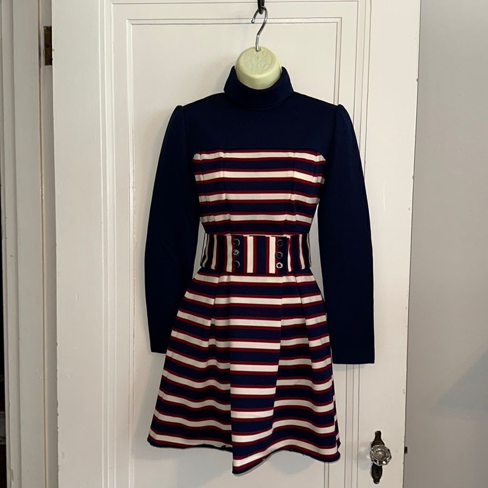 Vtg 70s Gay Gibson red, white & navy‎ blue knit polyester long sleeve mini dress